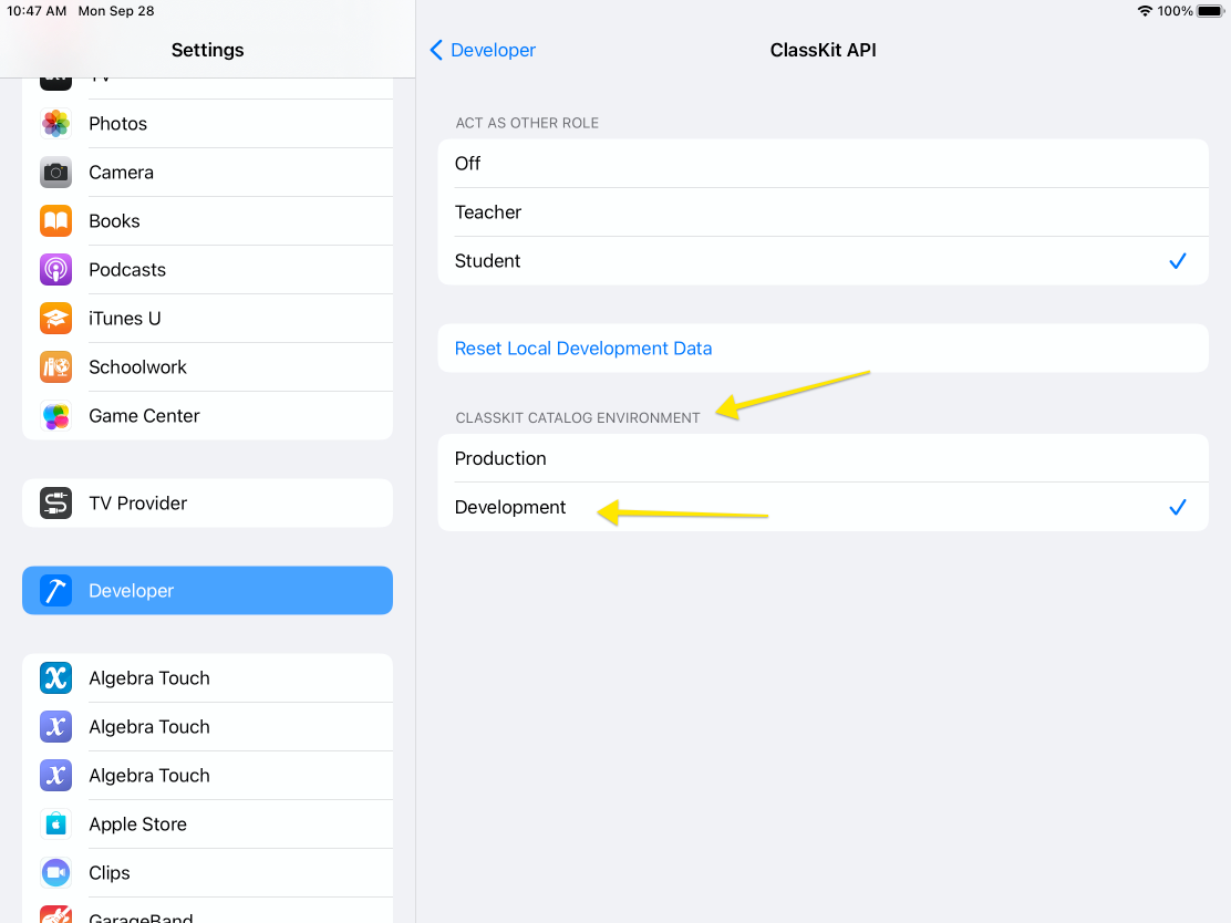 Set ClassKit Catalog Environment to Development